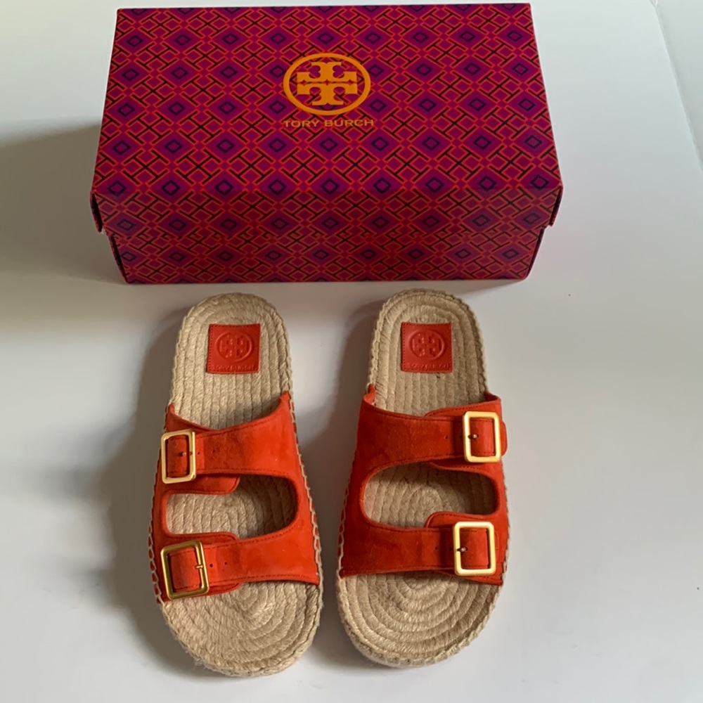 Tory Burch Two Band Flat Espadrilles Slide/calf Leather Sz 8